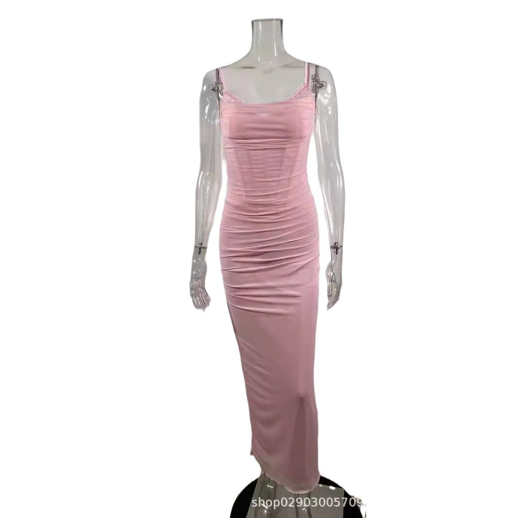 SDM10 lace suspender piece red knee-length dress 's new sexy fishbone pleated dress