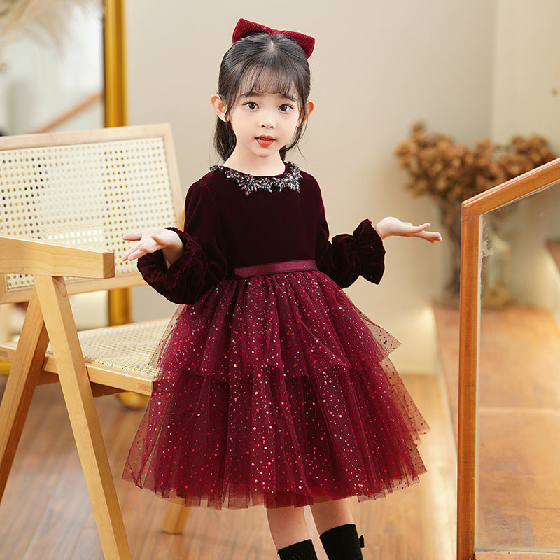 Girls' red tulle dress - long sleeve, puffy princess style, fleece-lined, thickened, spring/autumn dress for little girls