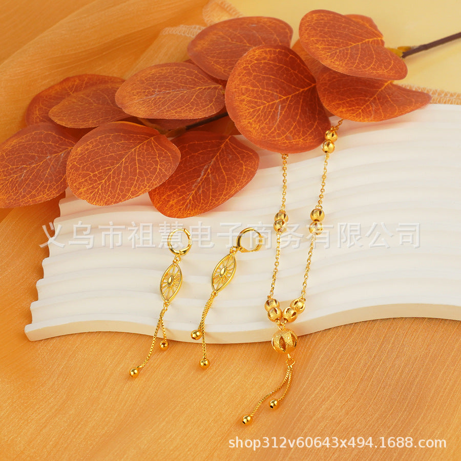 2pcs middle eastern hollow frosted round bead long necklace with geometric shape earrings luxury suit wedding party gift