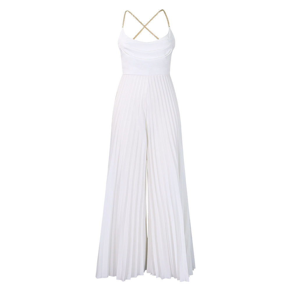 D3281  summer fashion sexy chain halter high waist sexy backless wide leg pleated jumpsuit