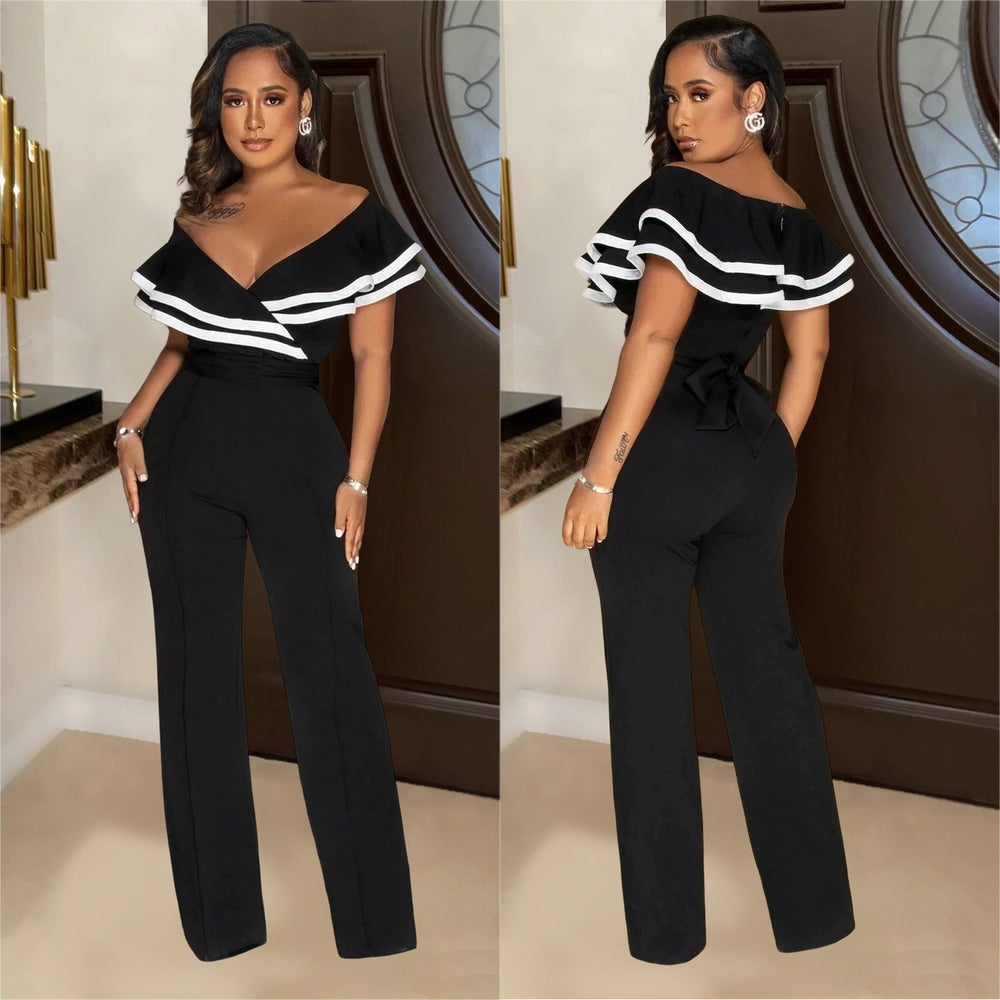 C7052 cross-border   independent station fashion women's sleeveless deep v jumpsuit pure color new style