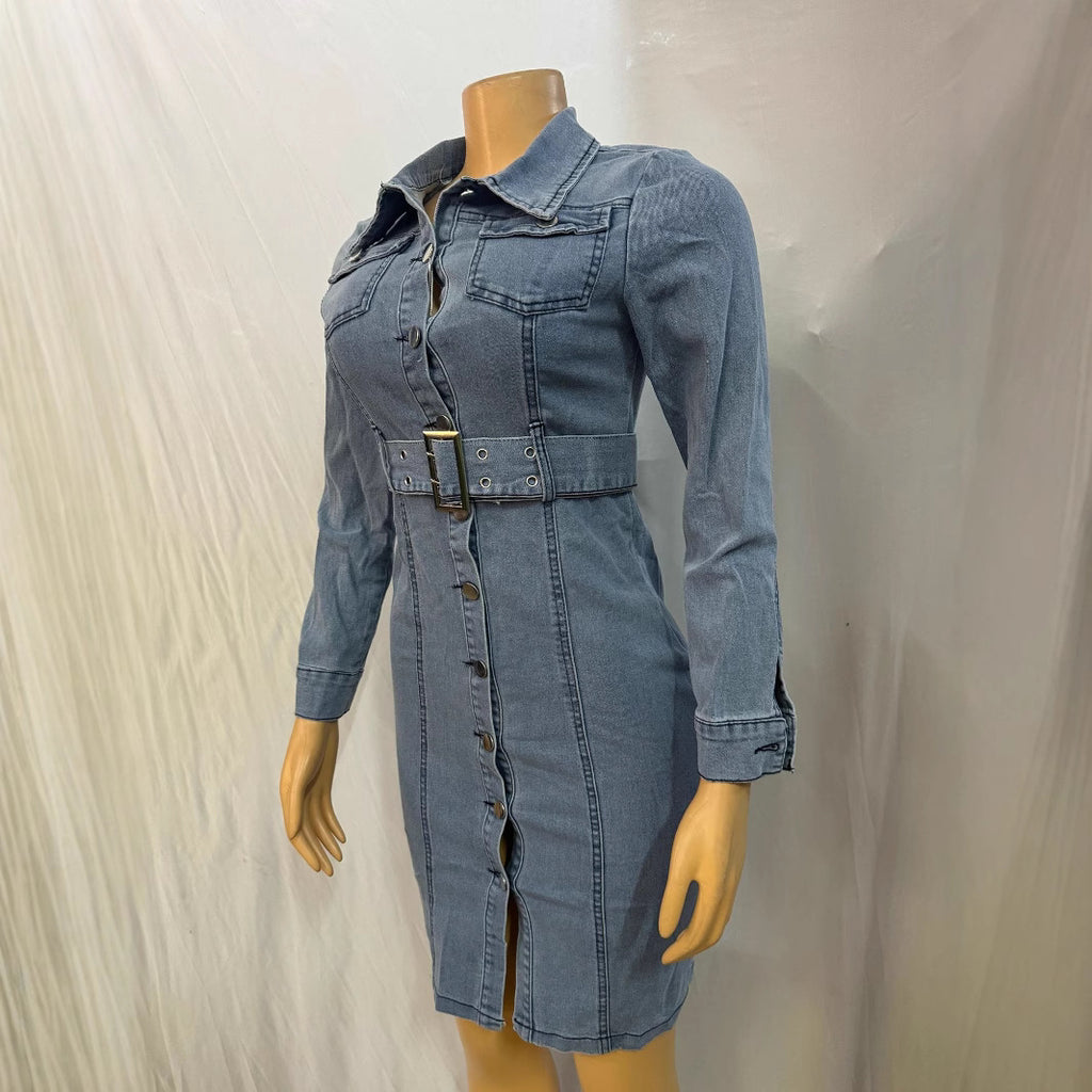 Cross-border Europe, America,  new women's clothing fashion lapel cardigan slim denim dress  wholesale women