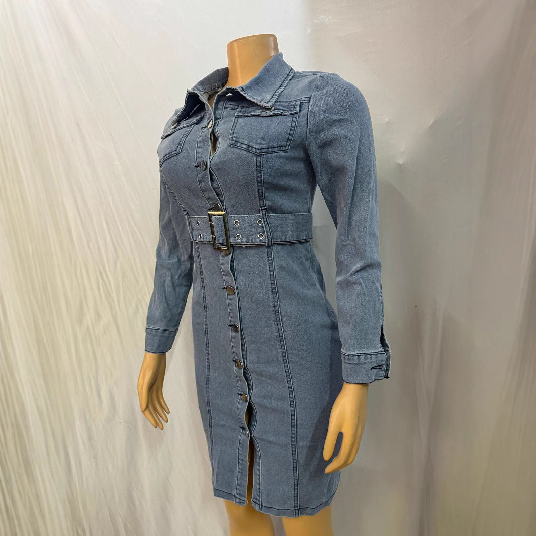 Cross-border Europe, America,  new women's clothing fashion lapel cardigan slim denim dress  wholesale women