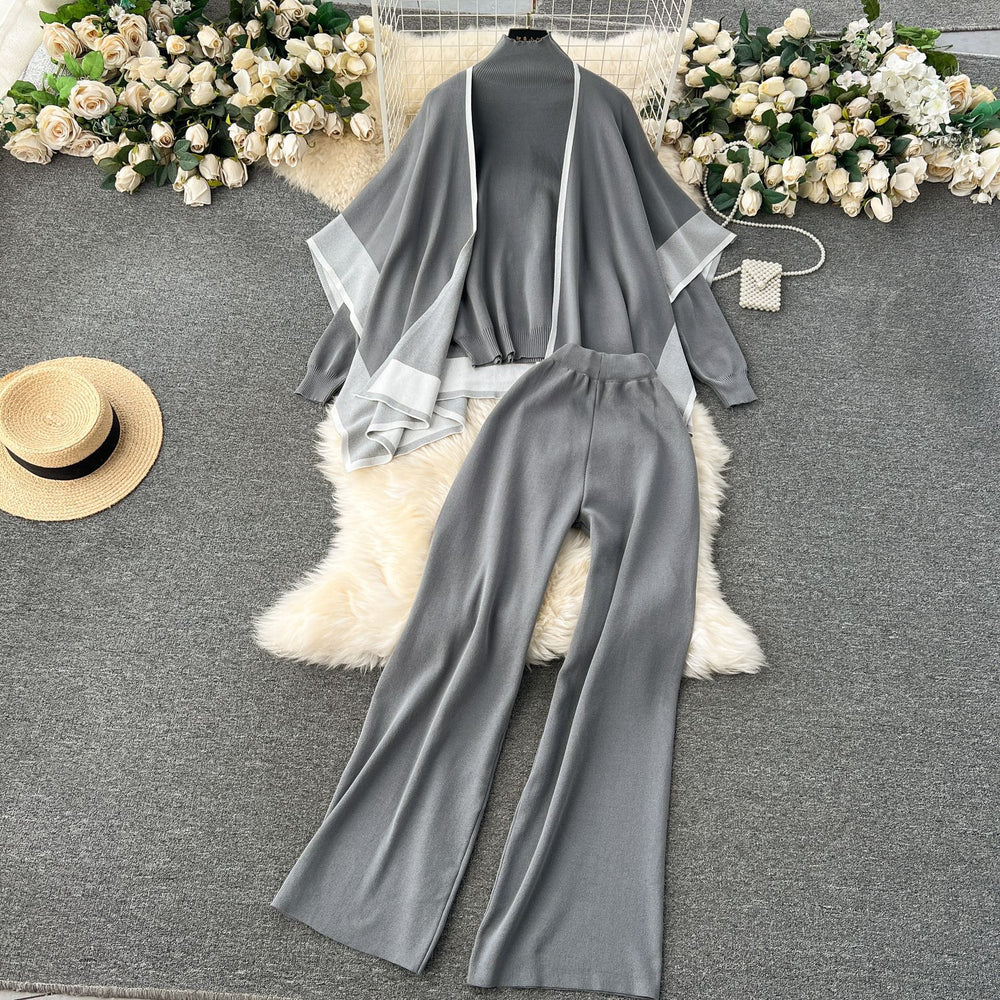 Fall and winterloose lazy style shawl cloak outwear high collar pullover knitting shirt sweatercasualloose pants three-piece set