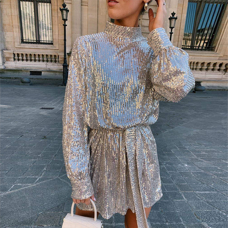2025 european and american cross-border e-commerce evening gown: gold, slim-fit, tie-waist, long-sleeve, sequined, open-back dress