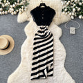 Korean chic niche retro fashion color block diagonal stripe dress - women's slim fit bodycon knit mini dress with slit