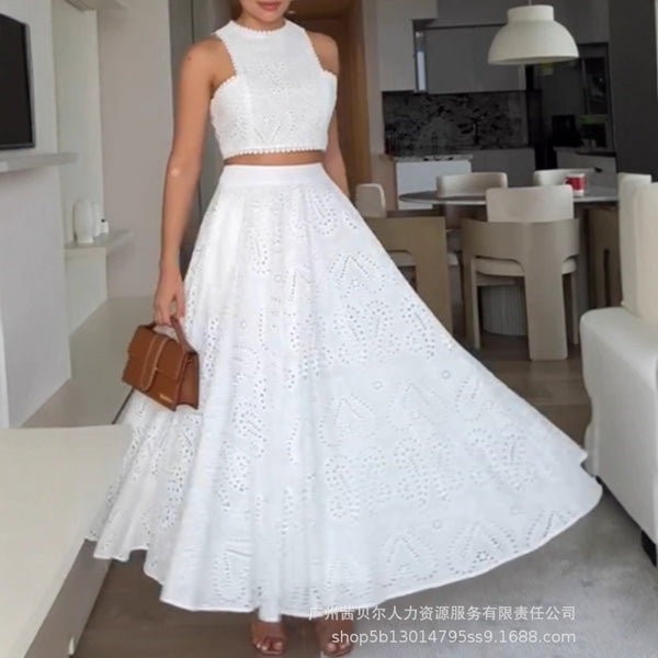 LZR19593 Women's white lace short sleeveless top set high waist rubber band A-shaped long skirt