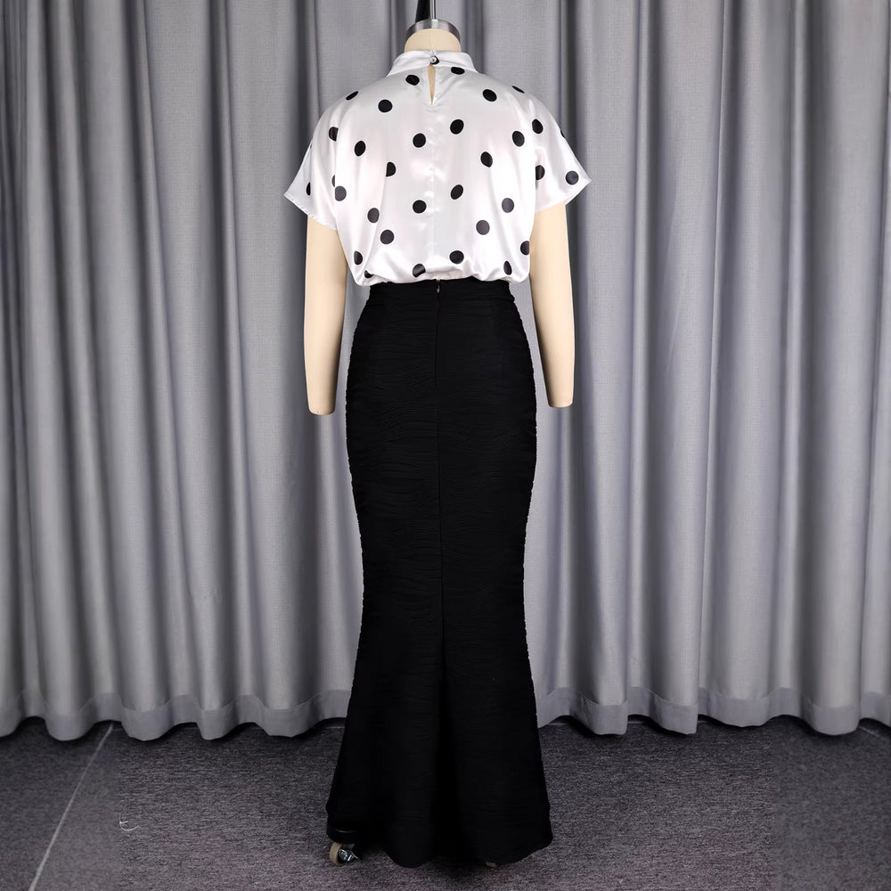 Simple polka dot top & slim-fit bodycon fishtail maxi skirt two-piece set - urban chic