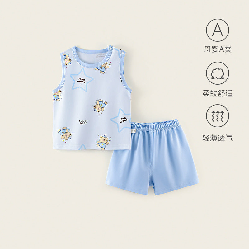 Baby summer suit thin baby clothes boys and girls outing jacquard separatespure cotton vest shorts kids