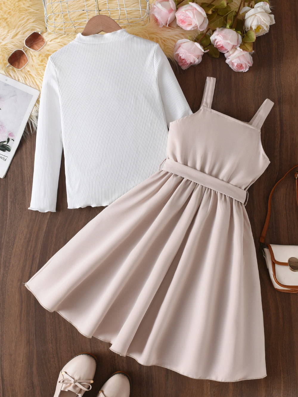 girls' beige sundress with long-sleeve top and bow belt - two-piece outfit