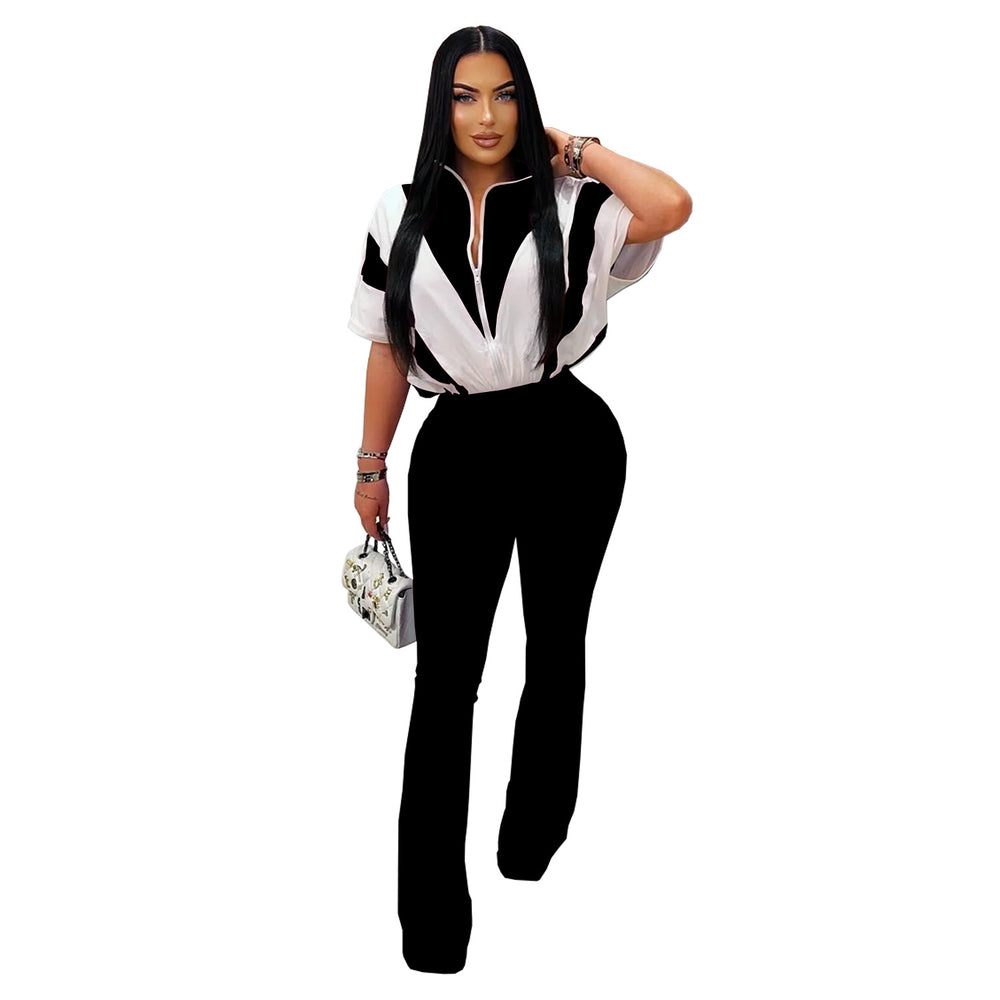 C7306 cross-border   fashion women's casual slim-fit activewear short sleeve top and pants set - new