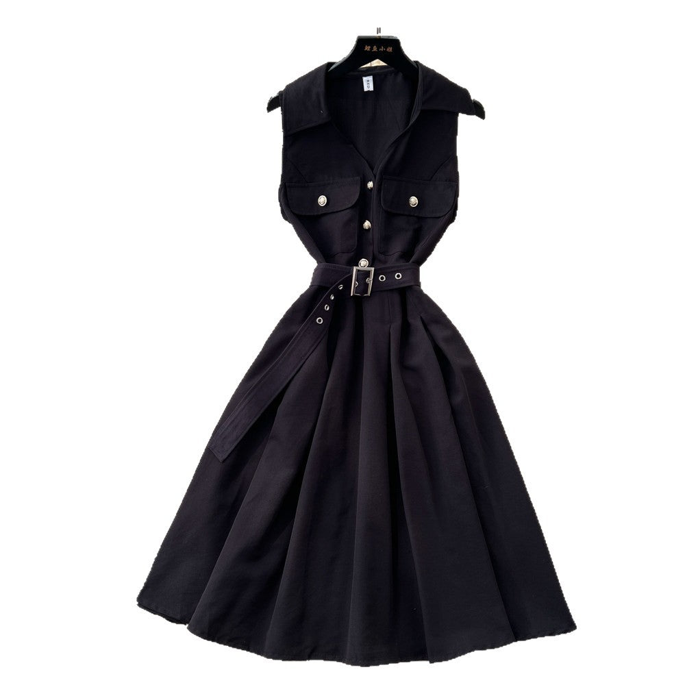 K-stylework clothingv neck sleeveless lapel dress women's summer waist slimming look a-line skirt eleganceelegantsilmp skirt
