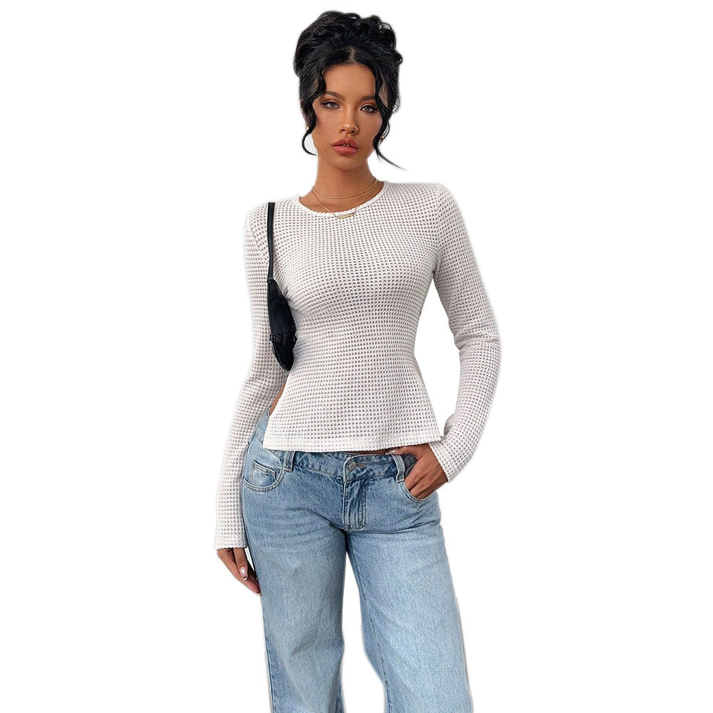 Shein Independent Station Hot Sale Women's Clothing Royal Sister Versatile Autumn and Winter T-Shirt Waist Strap Slim Sense Design Long Sleeve Top