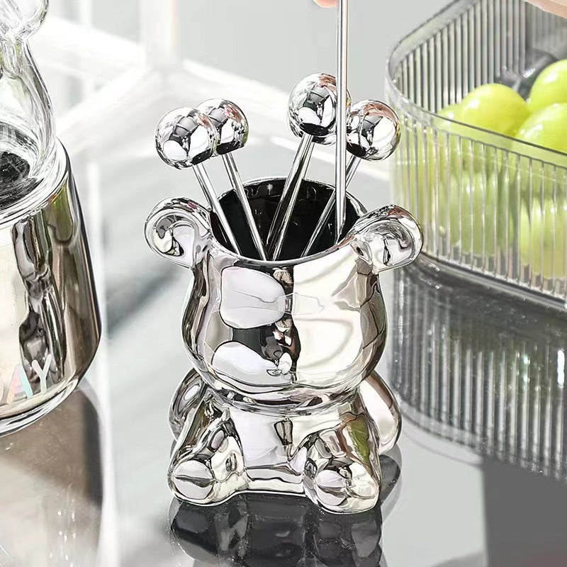 Simple ins style bear stainless steel fruit fork set fruit pick household high-looking ceramic fruit fork jar wholesale