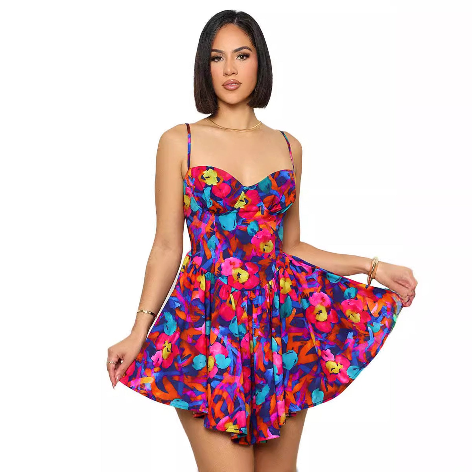 S10817 Europe and America, printed suspender waist dress