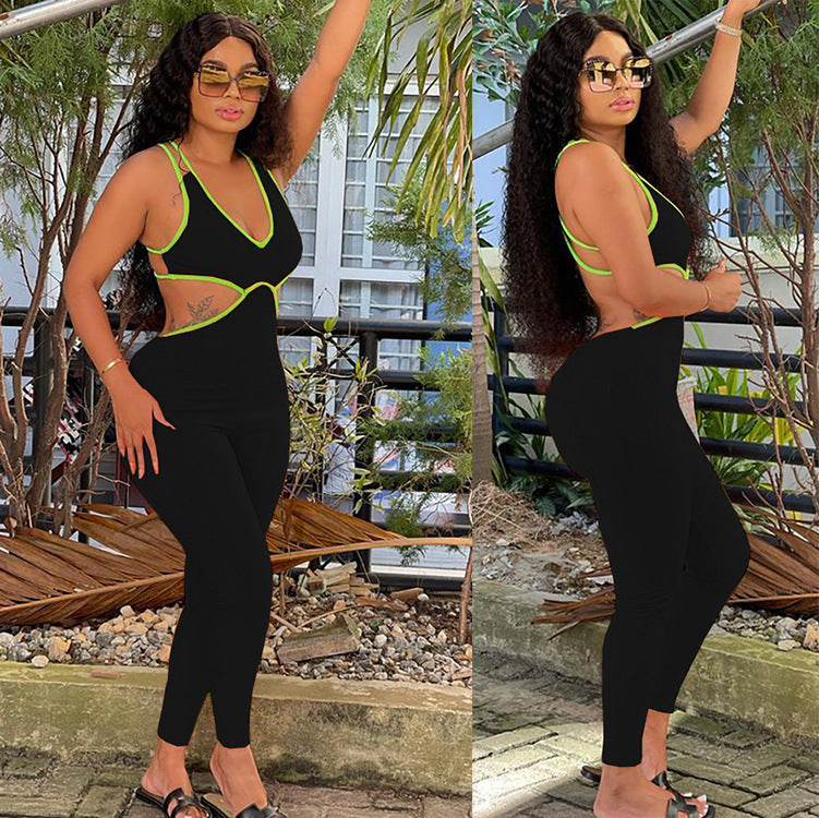 Fashionexport women's clothing  cross-border supply summer hot-selling fashion sexy suspender pit strip pure color jumpsuit