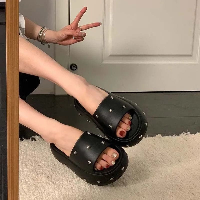 Thick sole heightened sandals women's 2026 new arrival summer outwear casual stars fashion easiest for match high heels one-line slippers