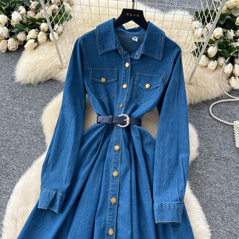 Classysense niche styleretro lapel long sleeves denim dress women's autum strap waist single breasted pleated long skirt