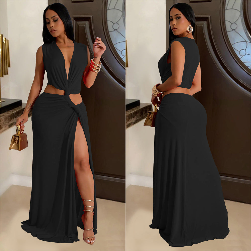 C7062 cross-border   independent station fashionable women's sleeveless deep v slit dress new style