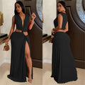 C7062 cross-border   independent station fashionable women's sleeveless deep v slit dress new style