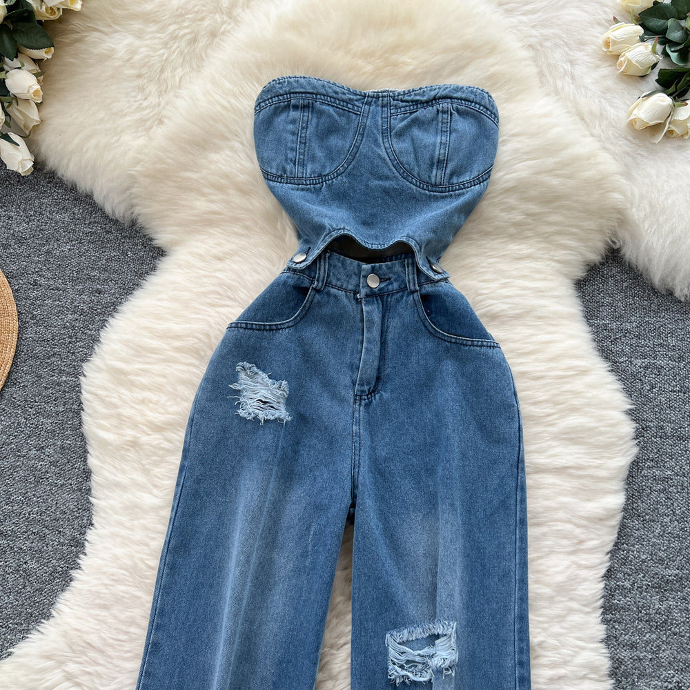 Hong kong style chicpopularnew arrivalsense of design heart cut out sleeveless high waistslimming look ripped casual denim jumpsuit