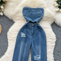 Hong kong style chicpopularnew arrivalsense of design heart cut out sleeveless high waistslimming look ripped casual denim jumpsuit