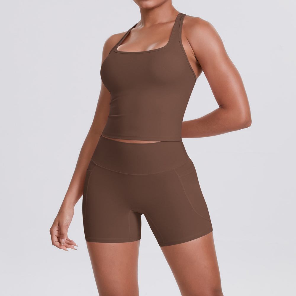 brushed pure color tight racerbackflap pocket pants shorts sports suit running fitness yoga wear two-piece set