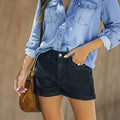 European and american style women's high-waisted denim shorts with rolled hems - stretchy, slim-fit, and versatile hot pants