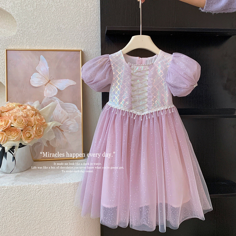 Girls' sleeveless summer dress  spring new arrival princess dress mesh off-shoulder sleeves pearl embellished skirt trendy