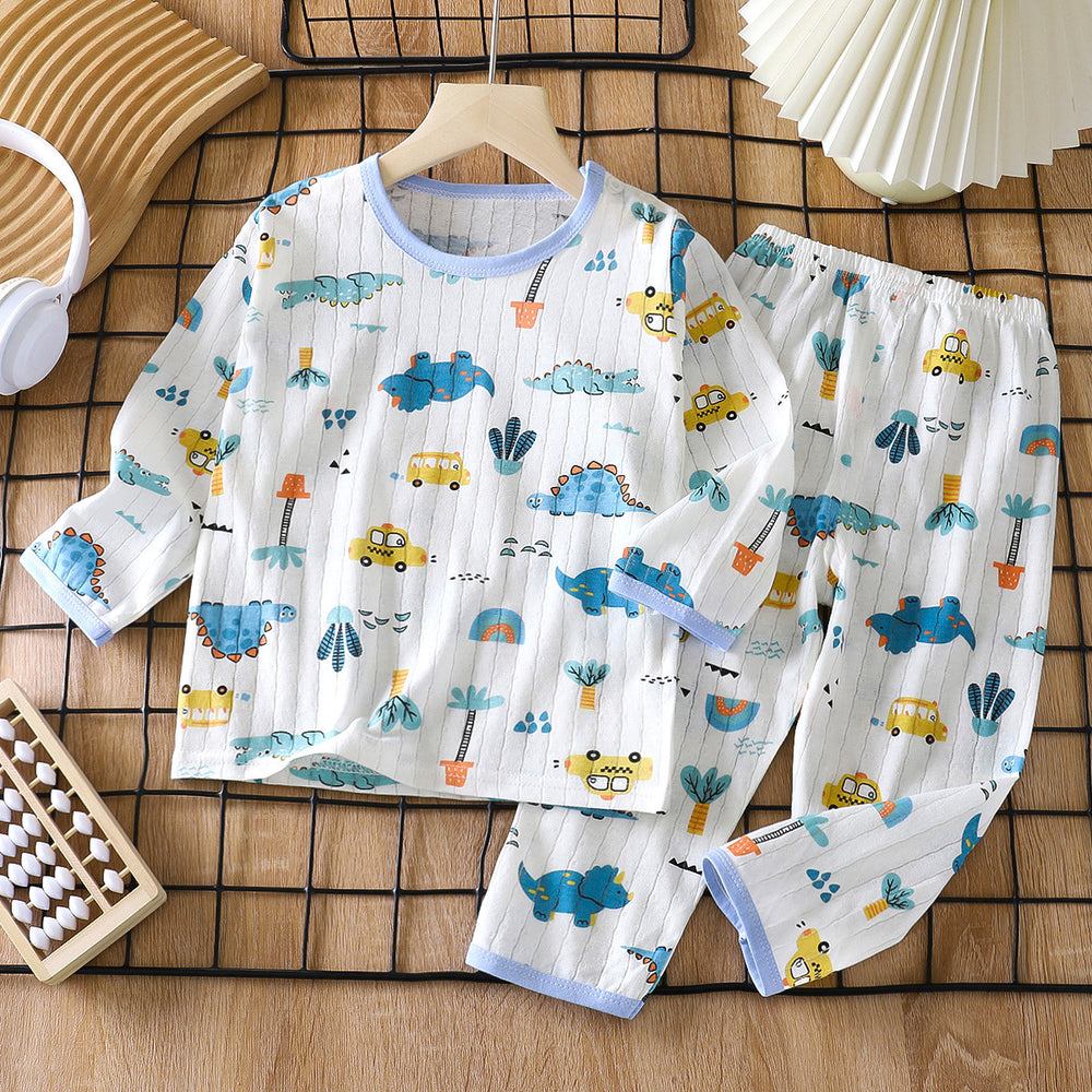 new children's pure cotton pajama set - summer long sleeve sleepwear, lightweight air conditioning suit for boys and girls