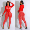 C6203 cross-border   fashion women's solid color mesh rhinestone long sleeve pants jumpsuit