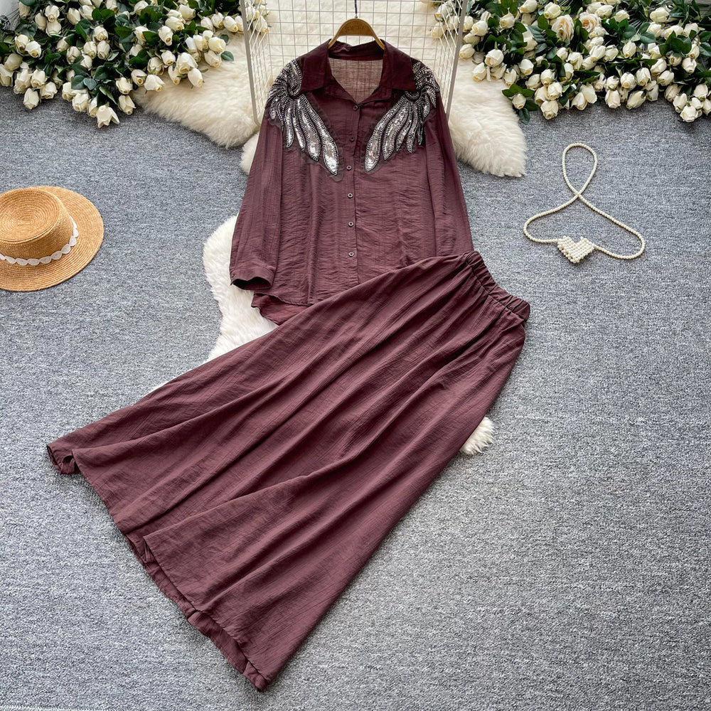 Gentle and lazy style heavy industry embroidered beads sequin lapel shirt skirt two-piece set for women autumslimming lookelegant