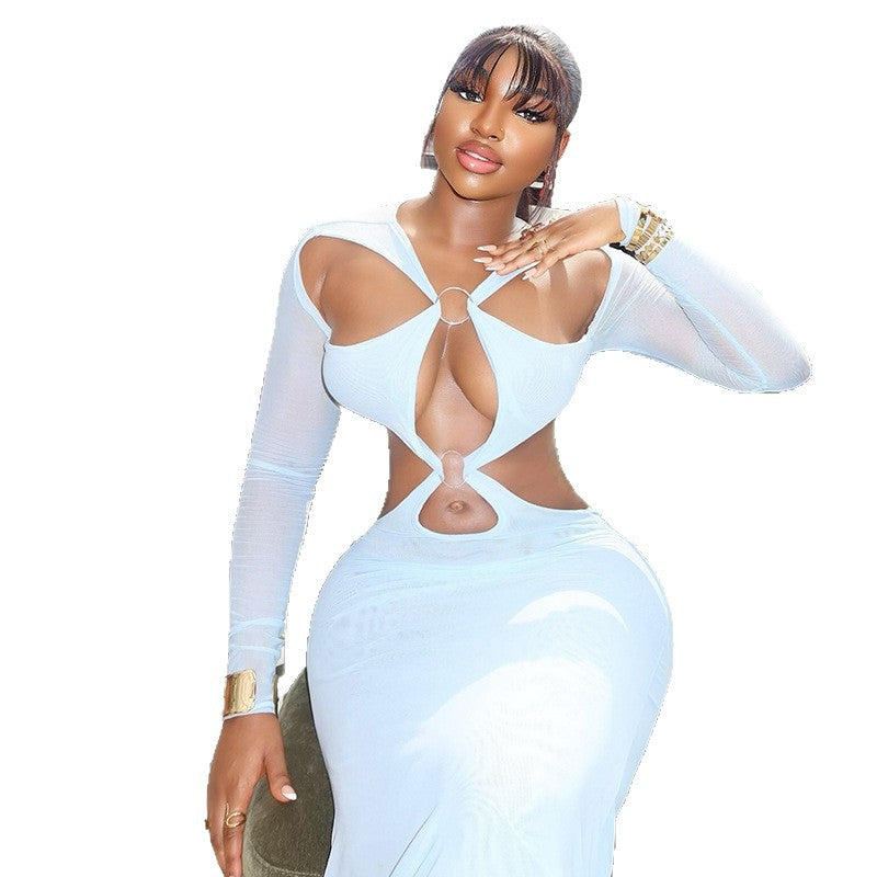 European and american style ins cross-border pure color fashion women's clothing hip-covering stylish backless one-step skirt v necklong sleeves design dress