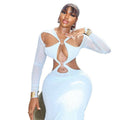 European and american style ins cross-border pure color fashion women's clothing hip-covering stylish backless one-step skirt v necklong sleeves design dress