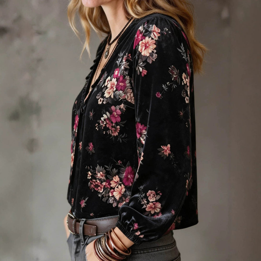 European and american retro style plus size women's blouse - black floral print v-neck lace trim lantern sleeve top