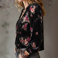 European and american retro style plus size women's blouse - black floral print v-neck lace trim lantern sleeve top