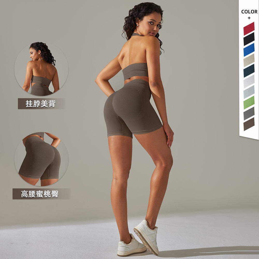 fashion seamless knitting beautiful back high elastic sports bra yoga suit running fitness shorts two-piece set for women