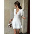 Women's summer new french chic elegant romantic solid color lace trim v-neck short sleeve fitted mini dress