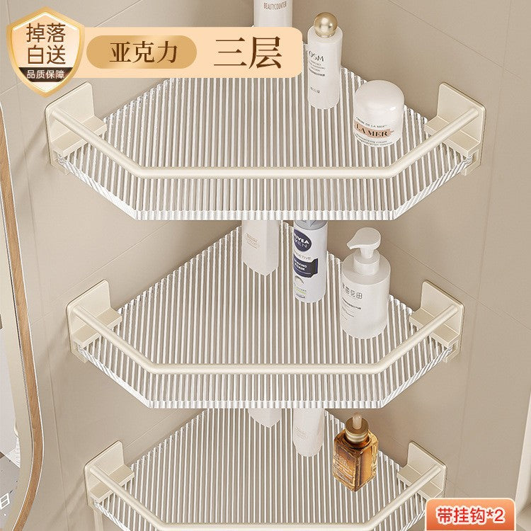 Bathroom shelf, toilet corner organizer, no-drill washroom storage, acrylic off-white tripod shelf