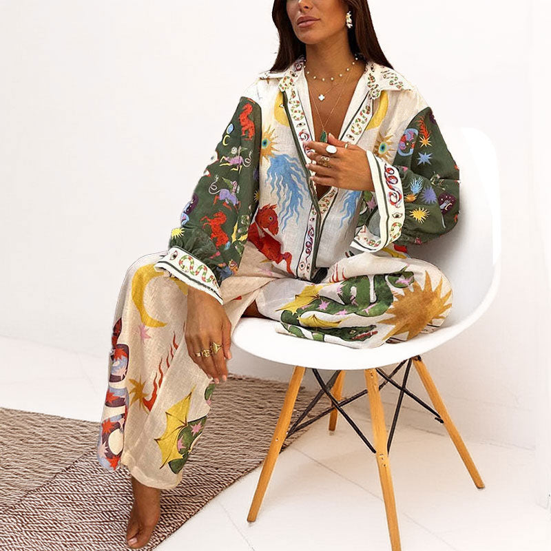 cross-border european and american women's clothing: new summer collection - unique graffiti casual turn-down collar shirt long sleeve fashion set