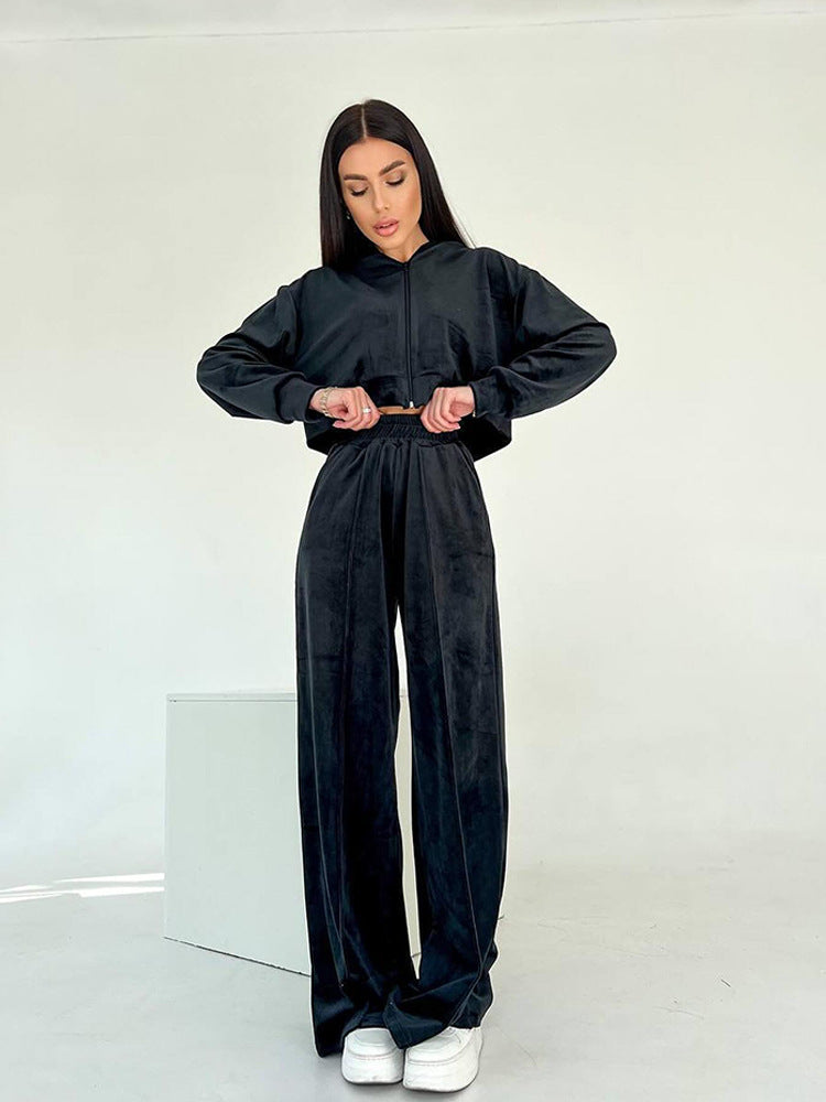 European and American new  suit fashion long-sleeved short hooded sweater cardigan trousers suit casual women's clothing