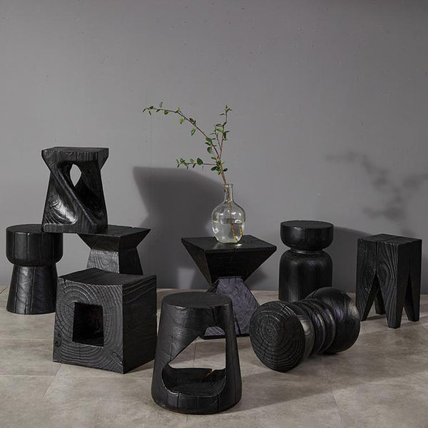Wabi Silent Wind B & B Hotel Geometric Ornament Carbonized Solid Wood Pier Round Creative Low Stool Home Furnishing Black Shoe Changing Stool