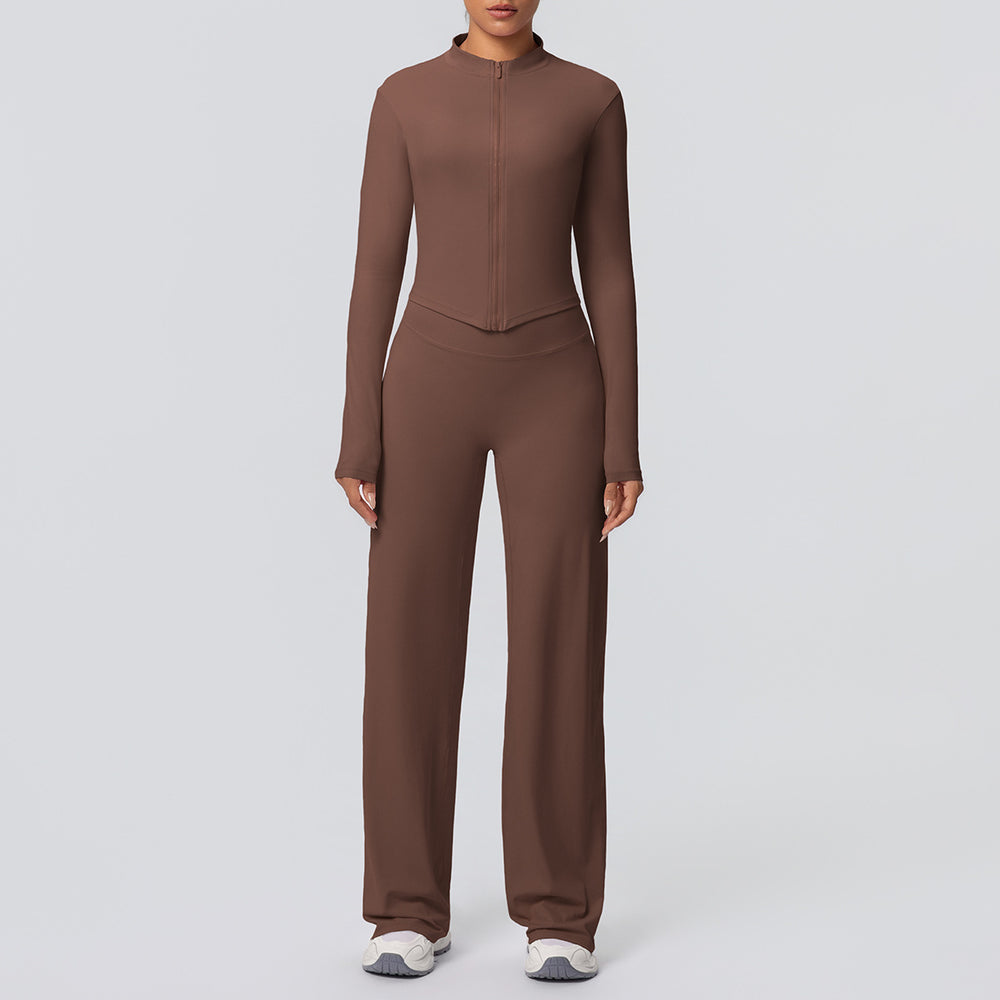 New arrival: solid color brushed fleece breathable zip-up jacket & wide-leg yoga pants set - perfect for running, fitness, and activewear