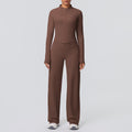 New arrival: solid color brushed fleece breathable zip-up jacket & wide-leg yoga pants set - perfect for running, fitness, and activewear