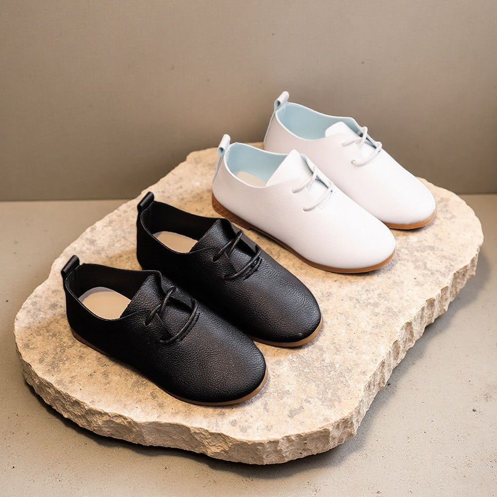 new autumn collection: low-top leather shoes for boys and girls - princess style, new british-inspired lace-up flats, baby black leather shoes