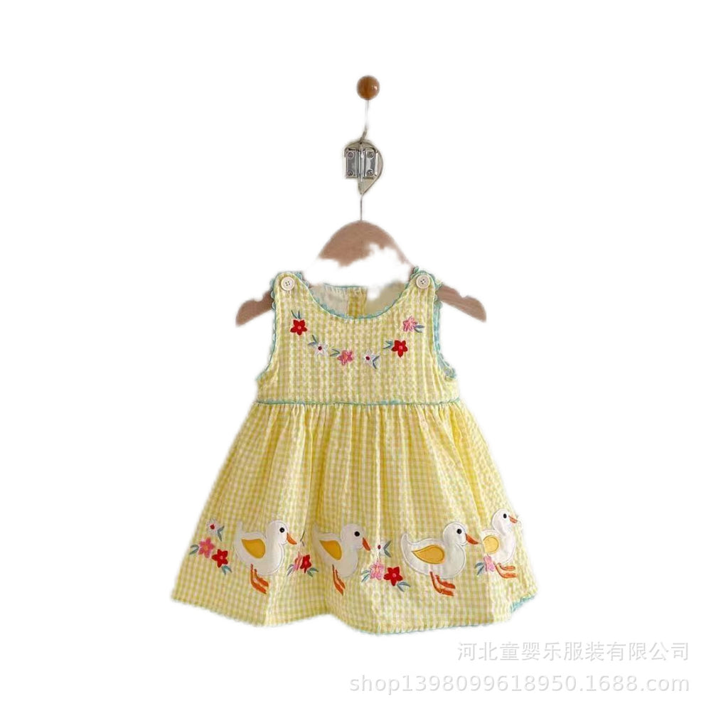 New summer korean style baby girl romper dress - cute cartoon design, wide shoulder, embroidered plaid romper dress for toddlers