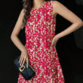 Women's european and american style floral sleeveless solid color round neck ruffle hem casual dress