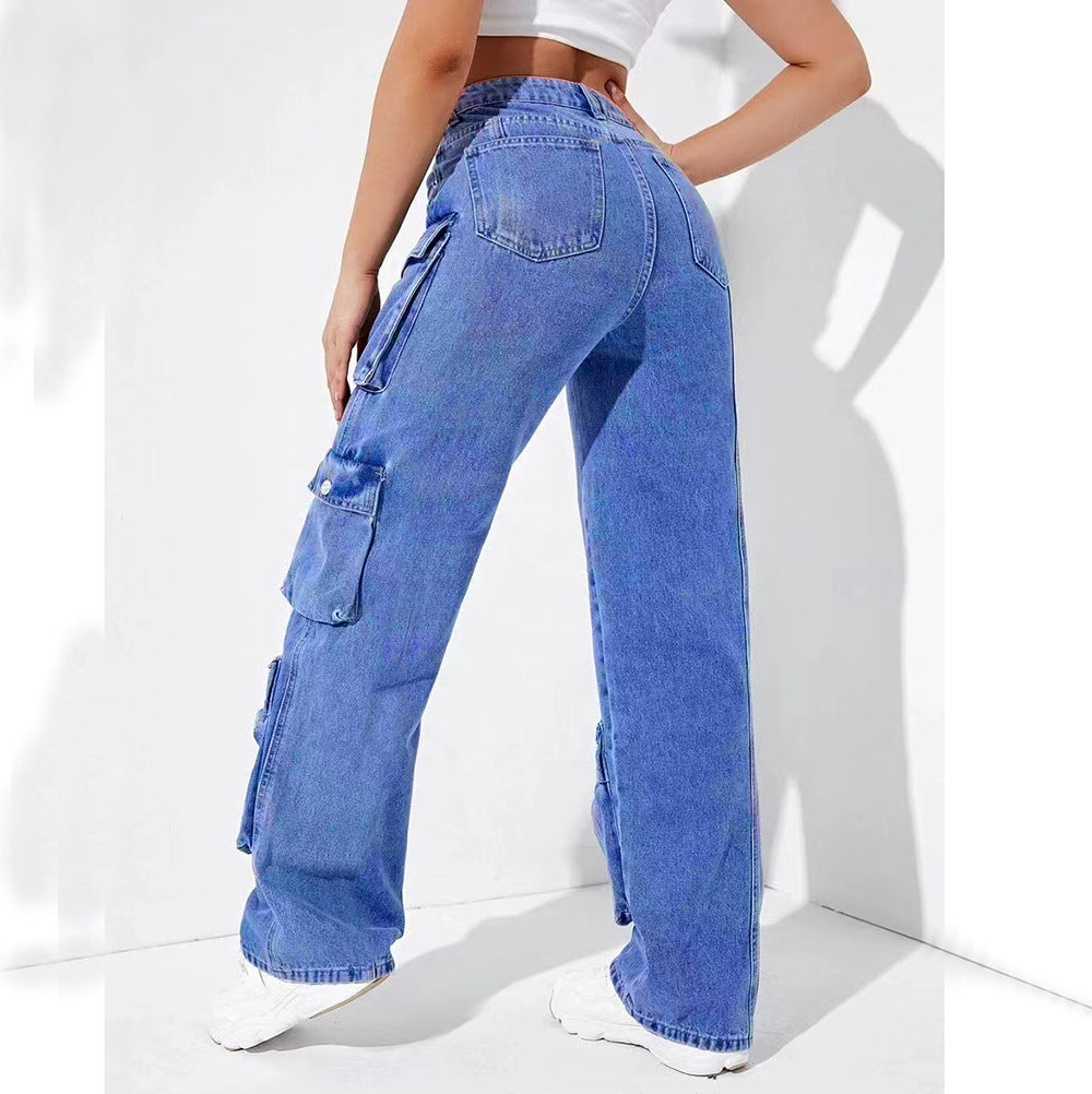 European and american clothing:  fashion hot-selling trendy multi-pocket cargo pants, high-stretch african plus-size jeans