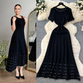 French chic high-end beaded round neck short sleeve hollow-out knit dress - women's slimming waist sweater dress