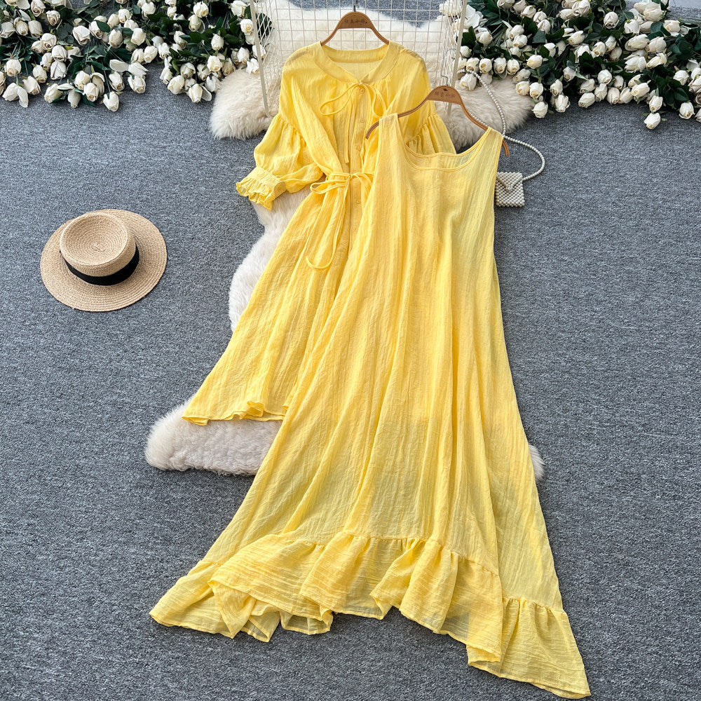 Vacation style yellow ruffles pleated two-piece set female spring autumslimming lookelegantwork clothingsuit skirt classy sense